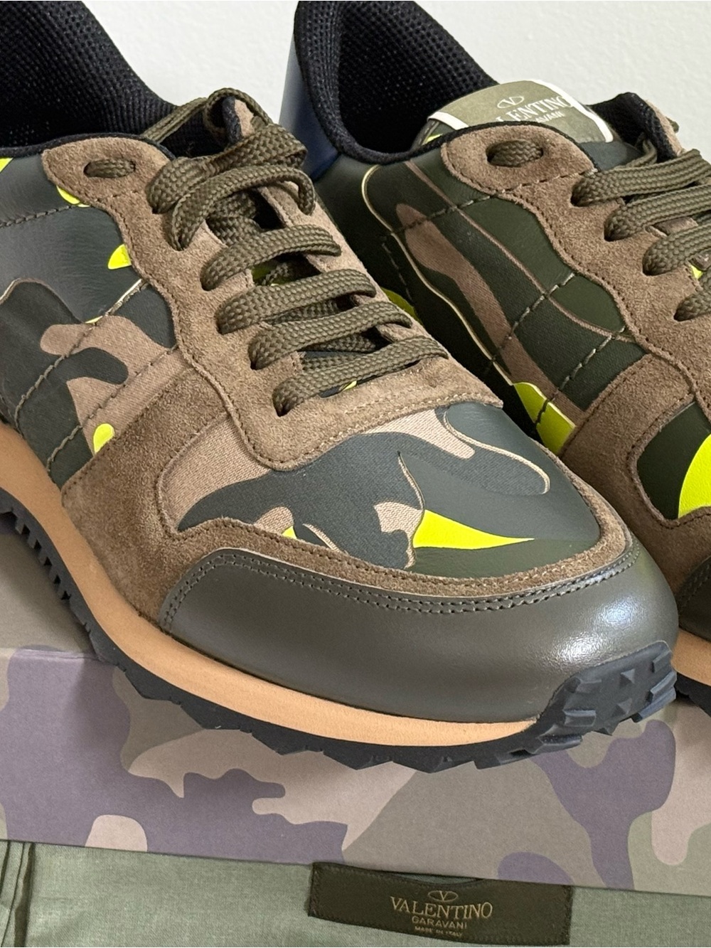 Valentino Garavani Men’s Camouflage Green, Brown & Neon Yellow Sneakers